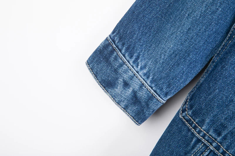 Women Denim Jacket Long Sleeve Pockets Mid-Length Jean Coat 2024 Fashion