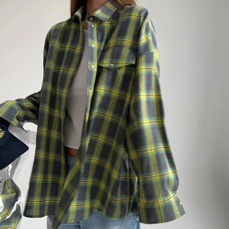 New Vintage Women Oversized Long Sleeve Plaid Shirt Blouse Tops Button Down Loose Pocket Shirt