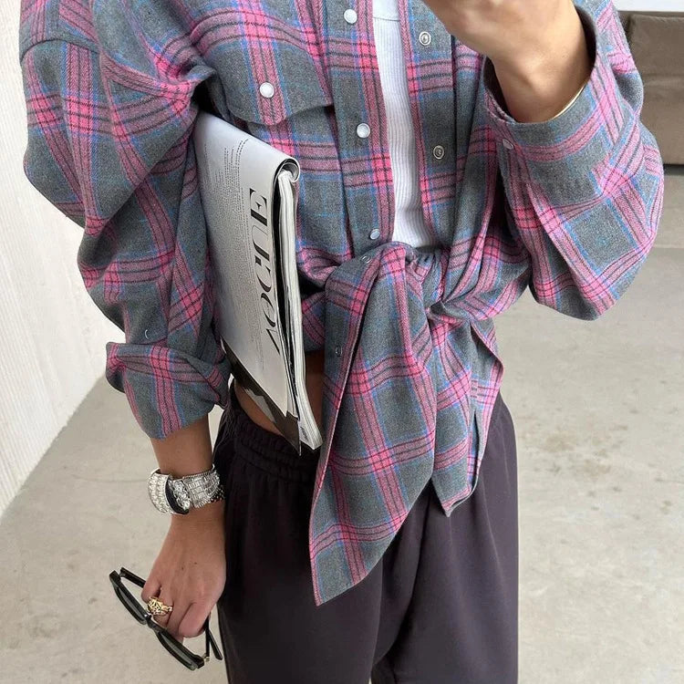 New Vintage Women Oversized Long Sleeve Plaid Shirt Blouse Tops Button Down Loose Pocket Shirt
