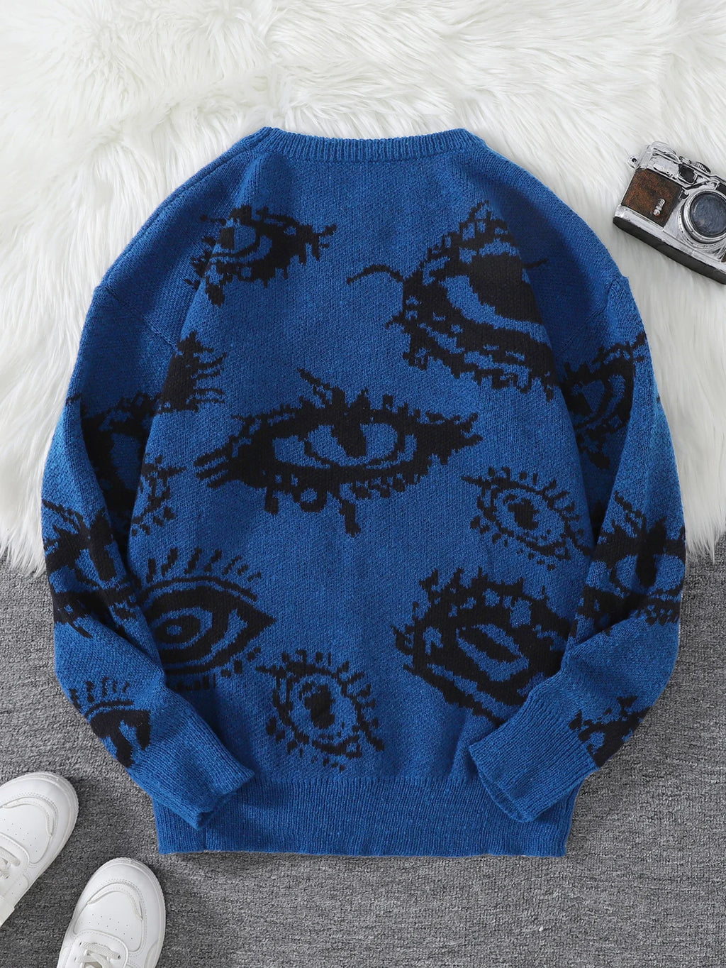 New Popular Autumn and Winter Abstract Eye Pattern Pullover Sweater Round Neck Knitted Men's Pullover