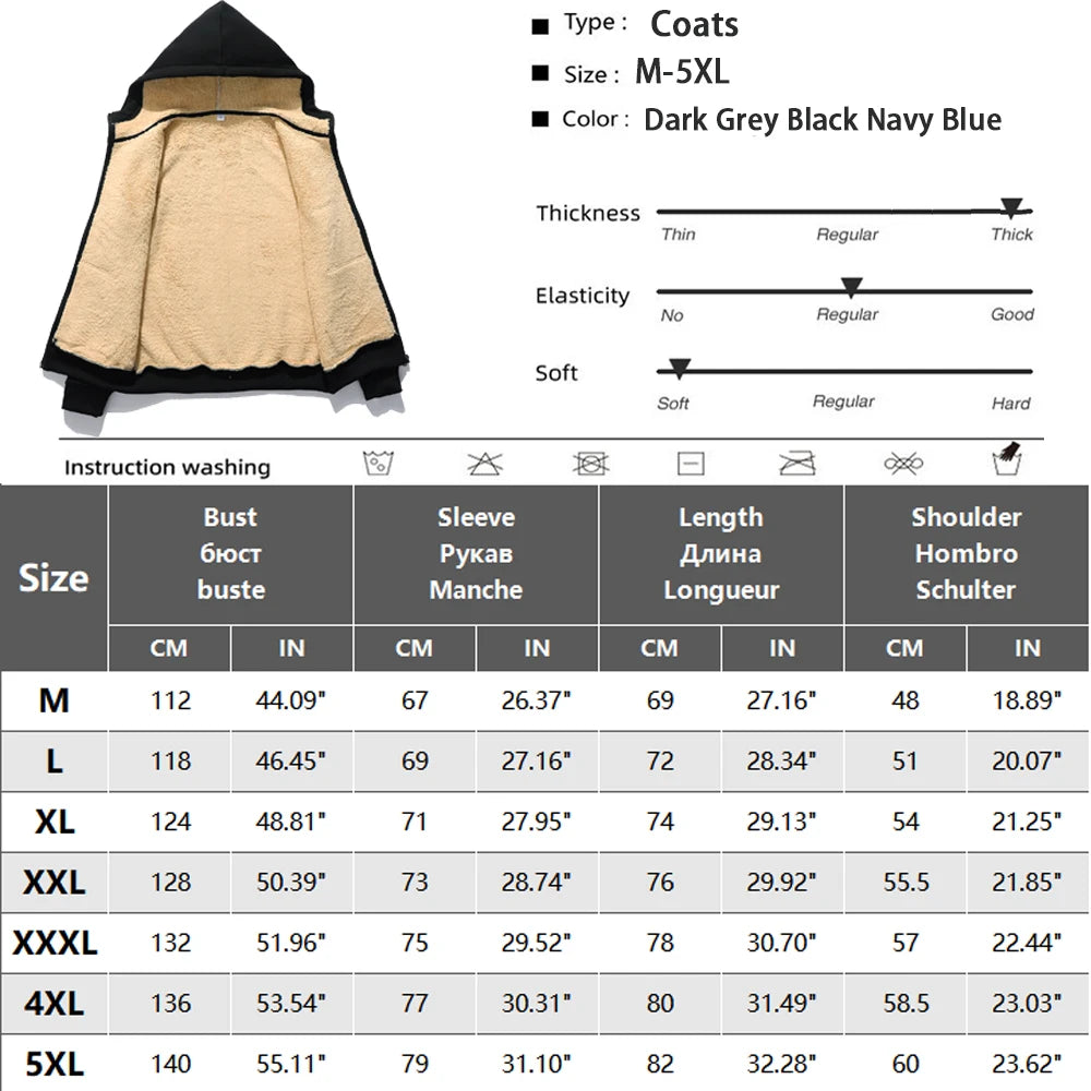 Winter Lambswool Coats Thicken Warm Long Sleeve Zipper Hoodie Casual  Black Coat Hooded Men Jacket
