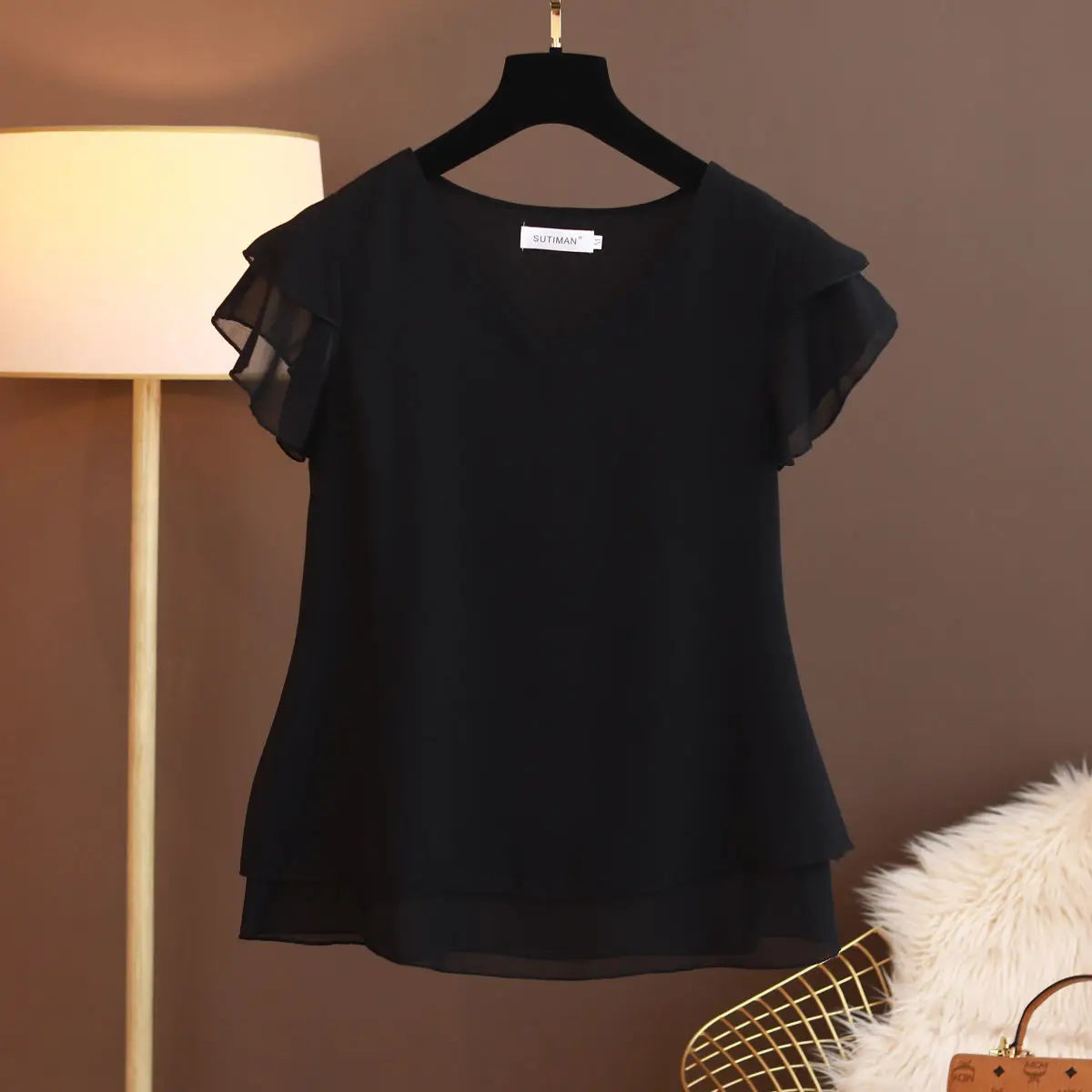 Summer New Women Blouse V-Neck Chiffon loose Short Sleeve Blouse Shirts Womens Tops
