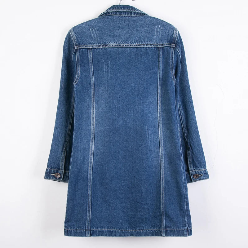 Women Denim Jacket Long Sleeve Pockets Mid-Length Jean Coat 2024 Fashion