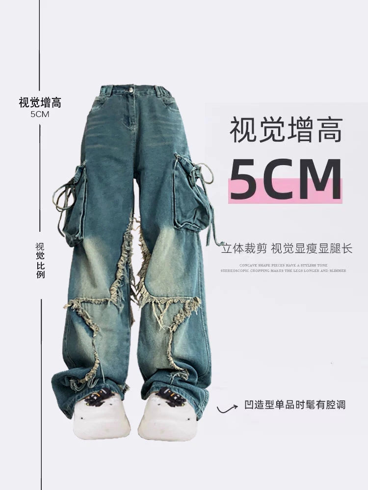 Women Blue Cargo Jeans Baggy Vintage 90s Aesthetic High Waist  Harajuku Denim Trousers