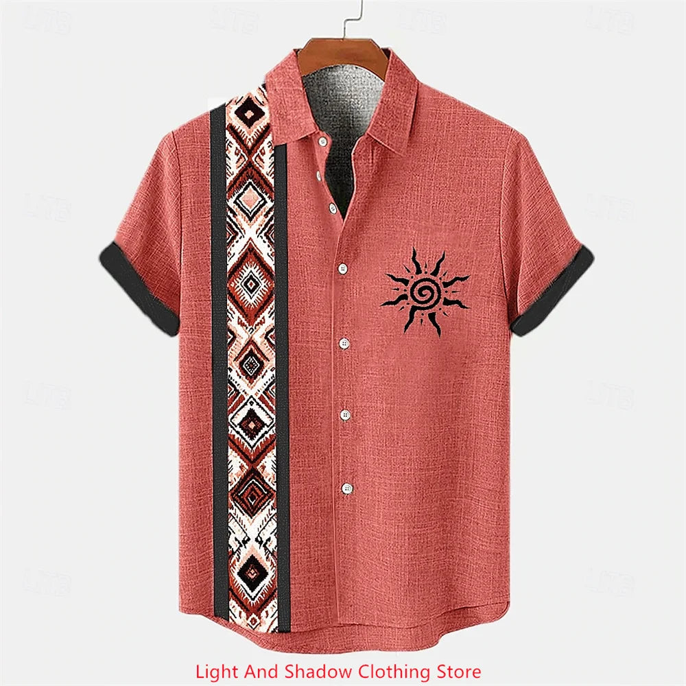 Men's linen shirt summer short sleeved patchwork pattern printed short sleeved top button up ethnic clothing