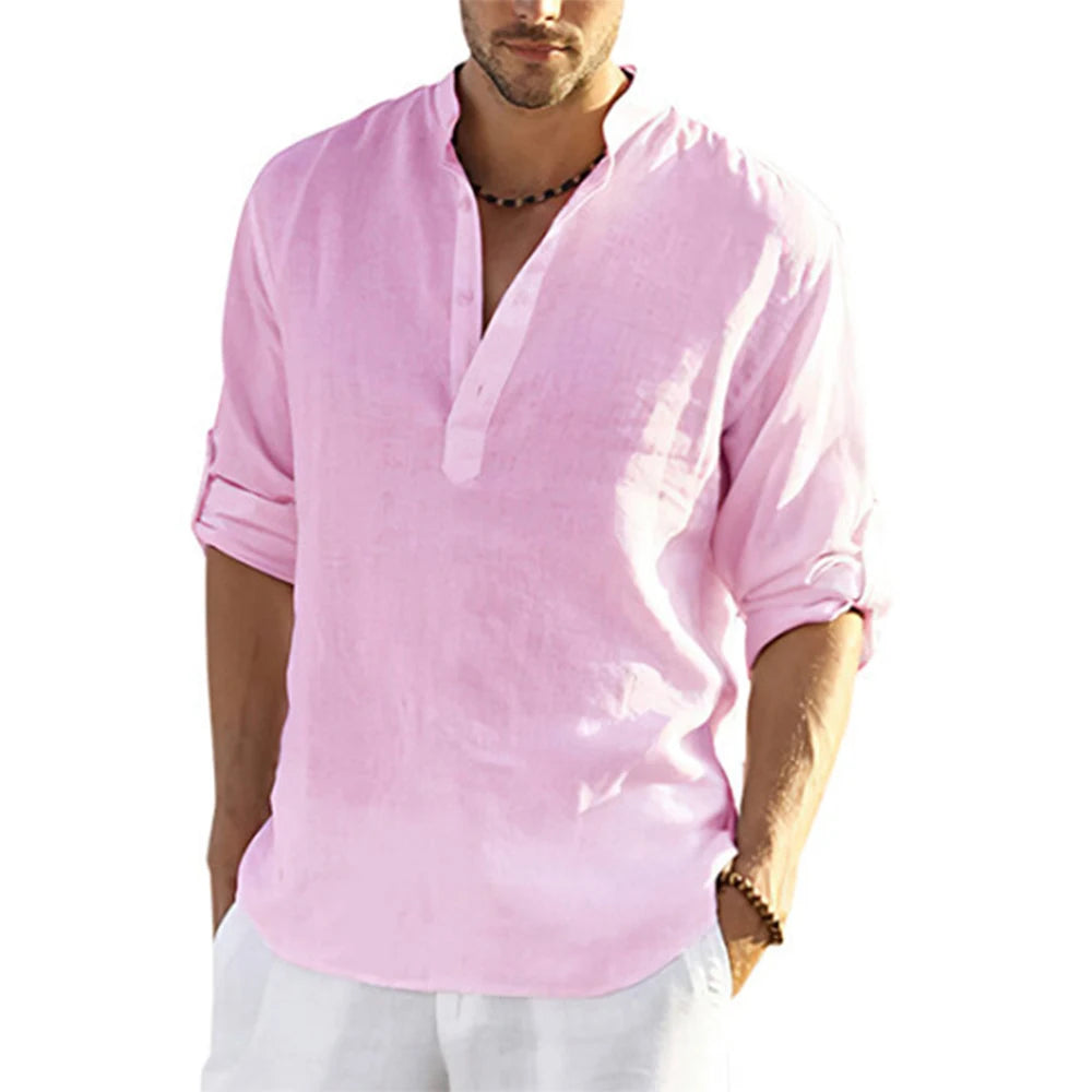 Casual Cotton Linen Shirt Loose Long Sleeve pullover shirt for men