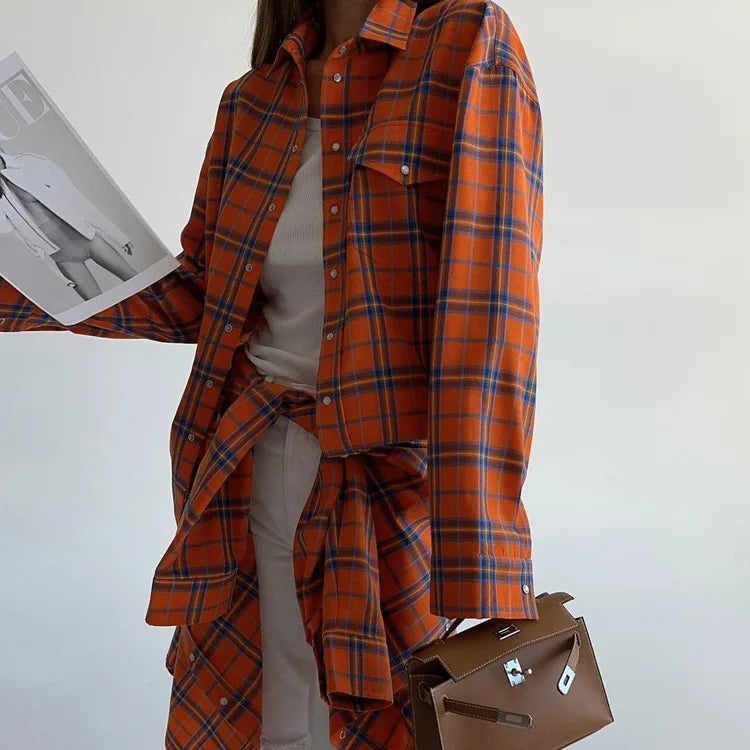 New Vintage Women Oversized Long Sleeve Plaid Shirt Blouse Tops Button Down Loose Pocket Shirt