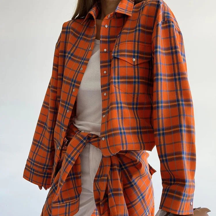 New Vintage Women Oversized Long Sleeve Plaid Shirt Blouse Tops Button Down Loose Pocket Shirt