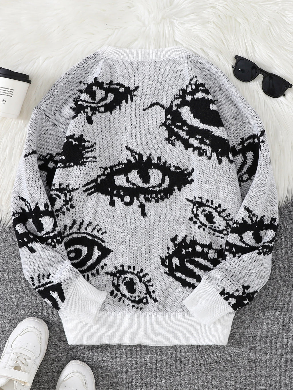 New Popular Autumn and Winter Abstract Eye Pattern Pullover Sweater Round Neck Knitted Men's Pullover