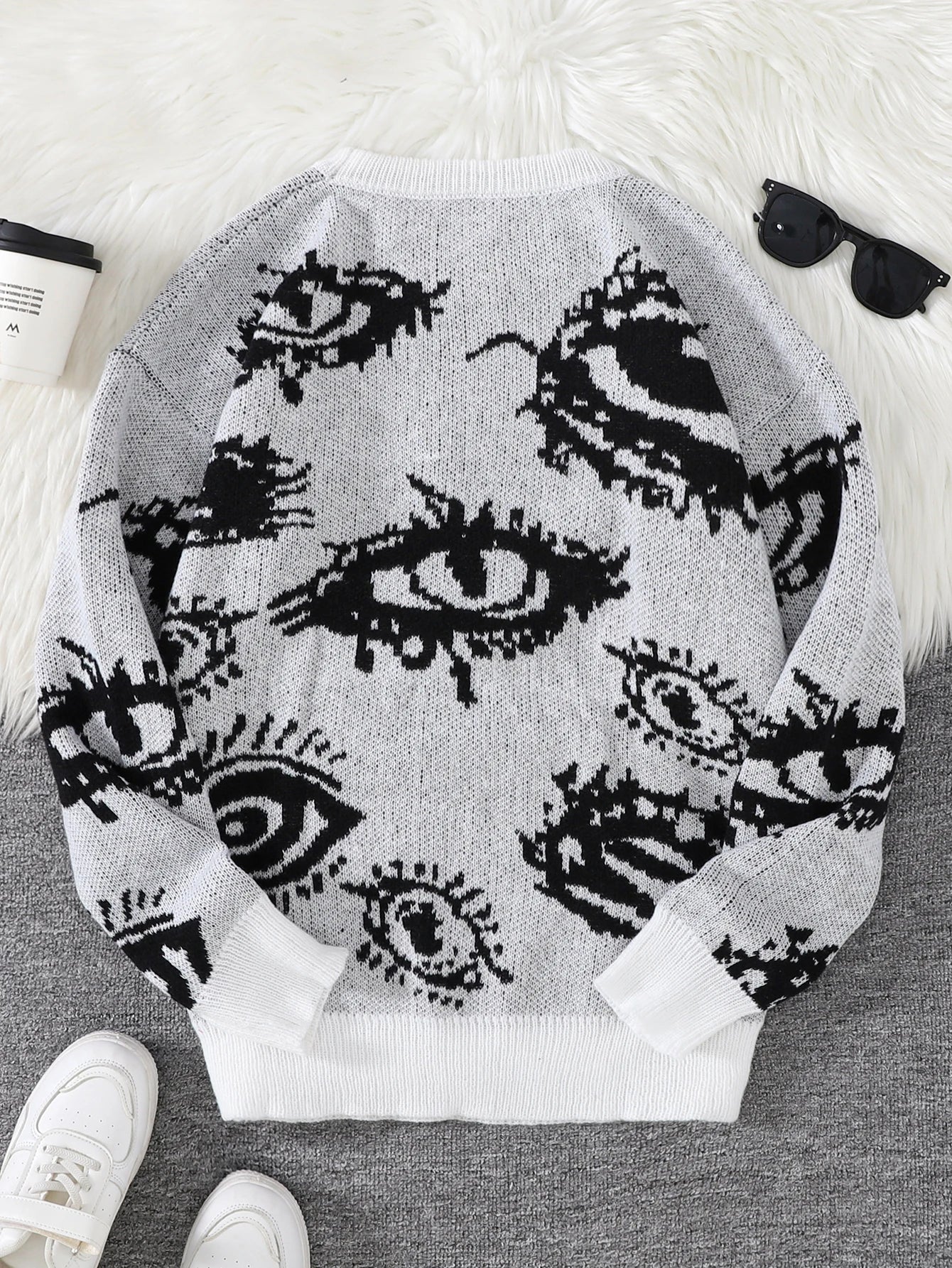 New Popular Autumn and Winter Abstract Eye Pattern Pullover Sweater Round Neck Knitted Men's Pullover