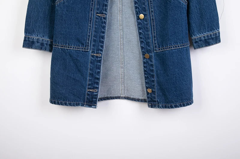 Women Denim Jacket Long Sleeve Pockets Mid-Length Jean Coat 2024 Fashion