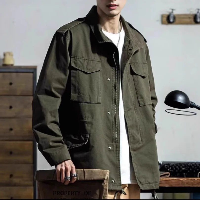 Vintage Men's Cargo Jacket Casual Solid Coat Mens Clothes Multi-Pocket Jacket Retro Jackets Green Outdoor Windbreaker
