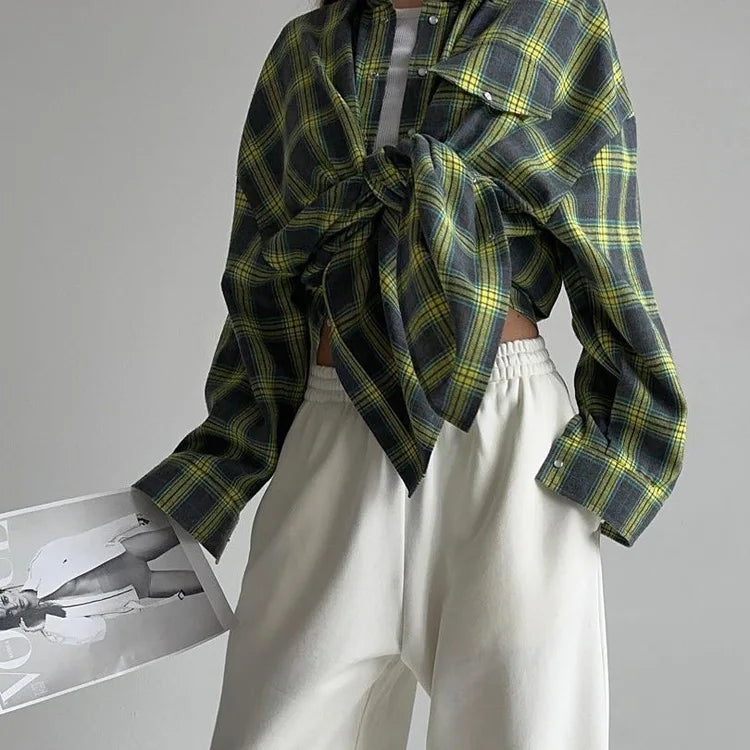 New Vintage Women Oversized Long Sleeve Plaid Shirt Blouse Tops Button Down Loose Pocket Shirt