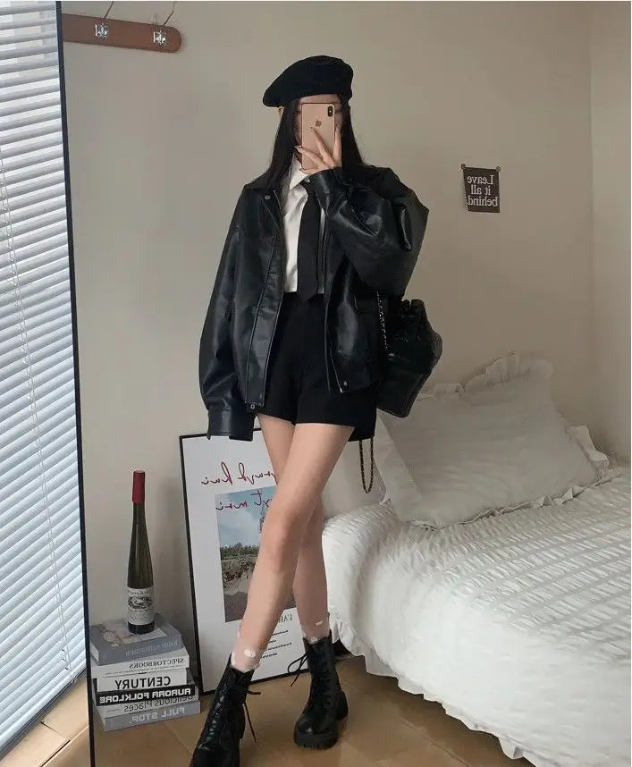 womens Brown Turndown Collar Zipper Leather Jacket Coat American Vintage Motorcycle Clothing
