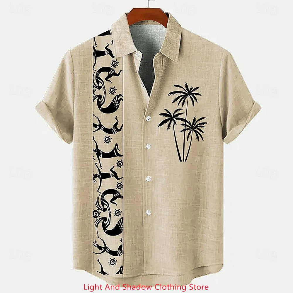 Men's linen shirt summer short sleeved patchwork pattern printed short sleeved top button up ethnic clothing