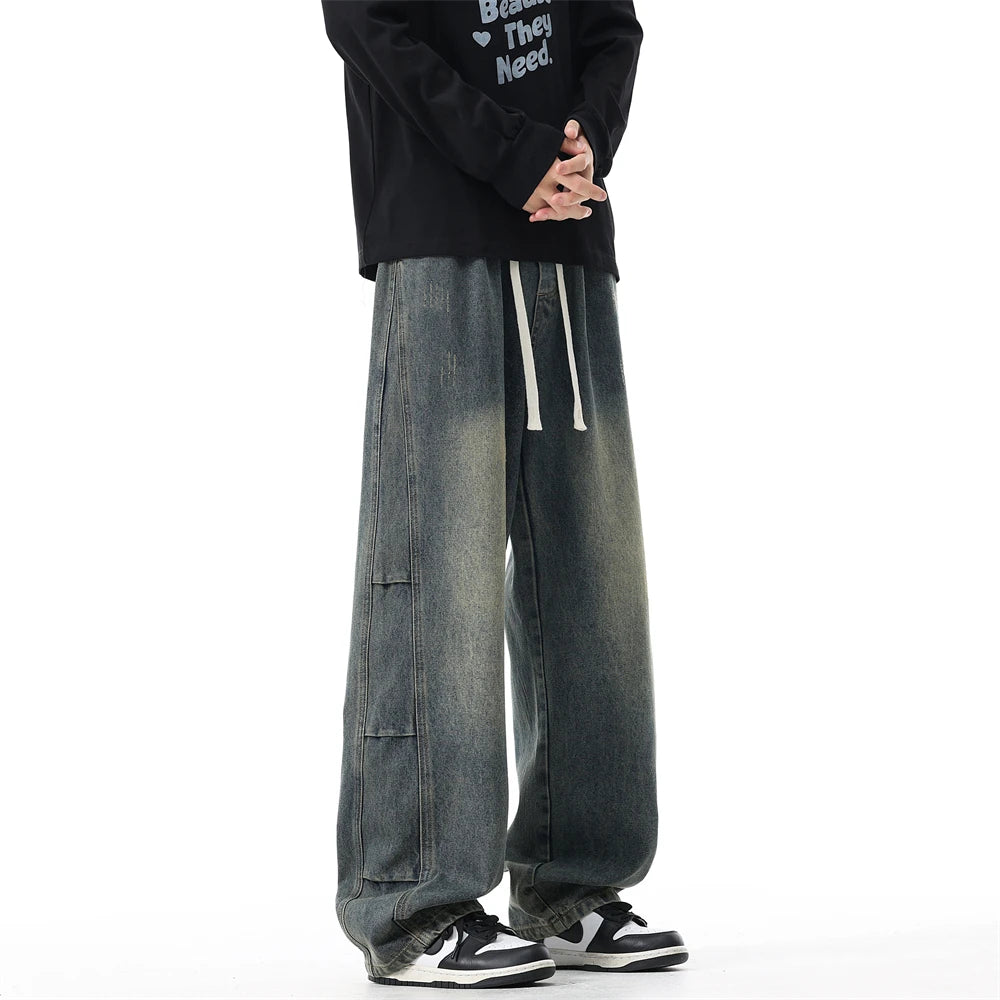 190cm Tall Straight-leg Pants Men's Extra-long Wide Legs Autumn Winter American Style Vintage Wash Water Tall Jeans