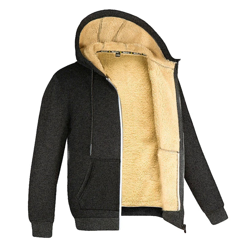Winter Lambswool Coats Thicken Warm Long Sleeve Zipper Hoodie Casual  Black Coat Hooded Men Jacket