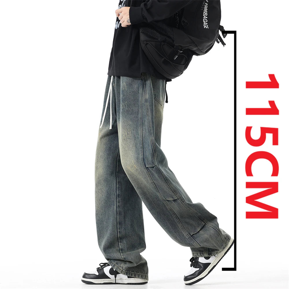 190cm Tall Straight-leg Pants Men's Extra-long Wide Legs Autumn Winter American Style Vintage Wash Water Tall Jeans