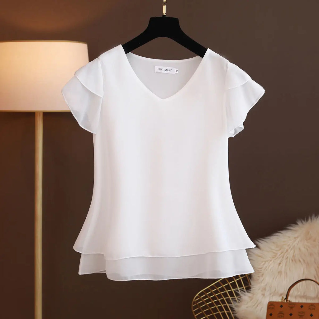 Summer New Women Blouse V-Neck Chiffon loose Short Sleeve Blouse Shirts Womens Tops