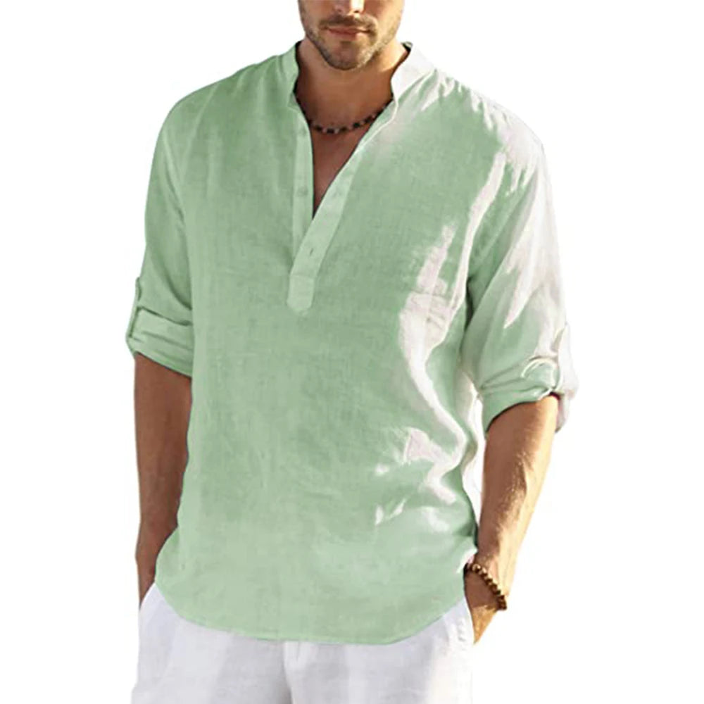 Casual Cotton Linen Shirt Loose Long Sleeve pullover shirt for men
