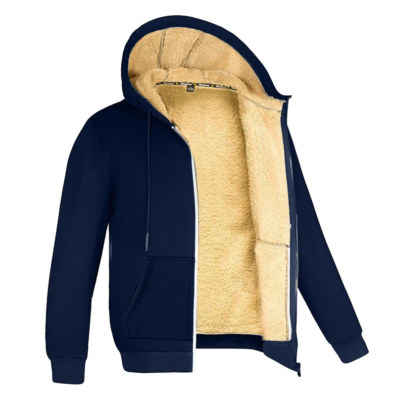 Winter Lambswool Coats Thicken Warm Long Sleeve Zipper Hoodie Casual  Black Coat Hooded Men Jacket