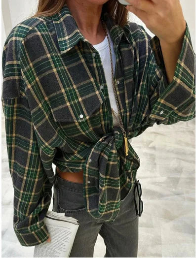 New Vintage Women Oversized Long Sleeve Plaid Shirt Blouse Tops Button Down Loose Pocket Shirt