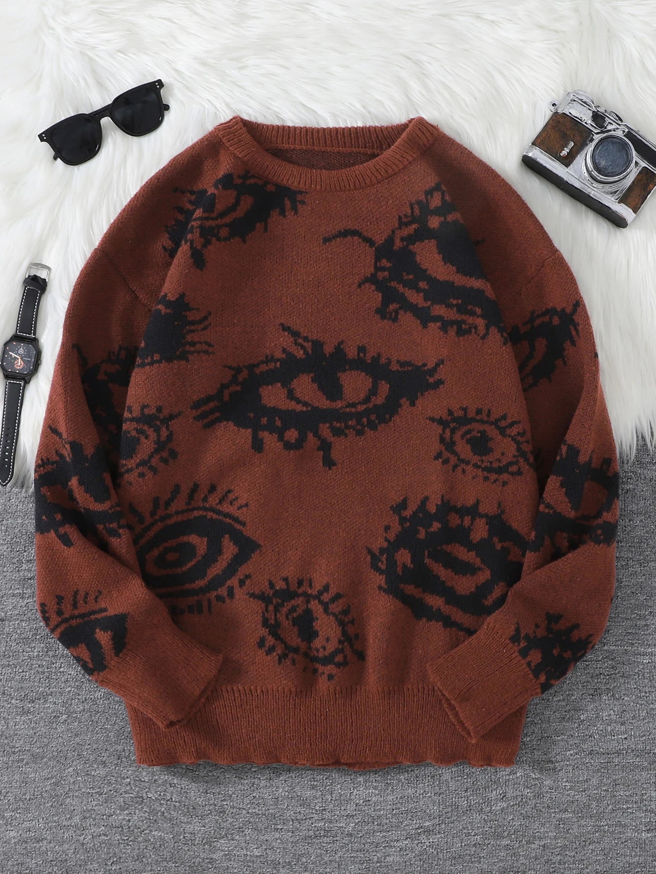 New Popular Autumn and Winter Abstract Eye Pattern Pullover Sweater Round Neck Knitted Men's Pullover