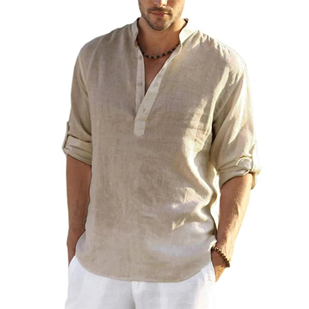 Casual Cotton Linen Shirt Loose Long Sleeve pullover shirt for men