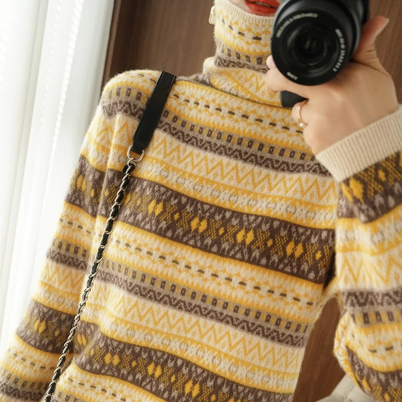 Autumn and Winter Wool Cashmere Sweater Women's High Neck Pullover Casual Knitted Loose Korean Fashion Top