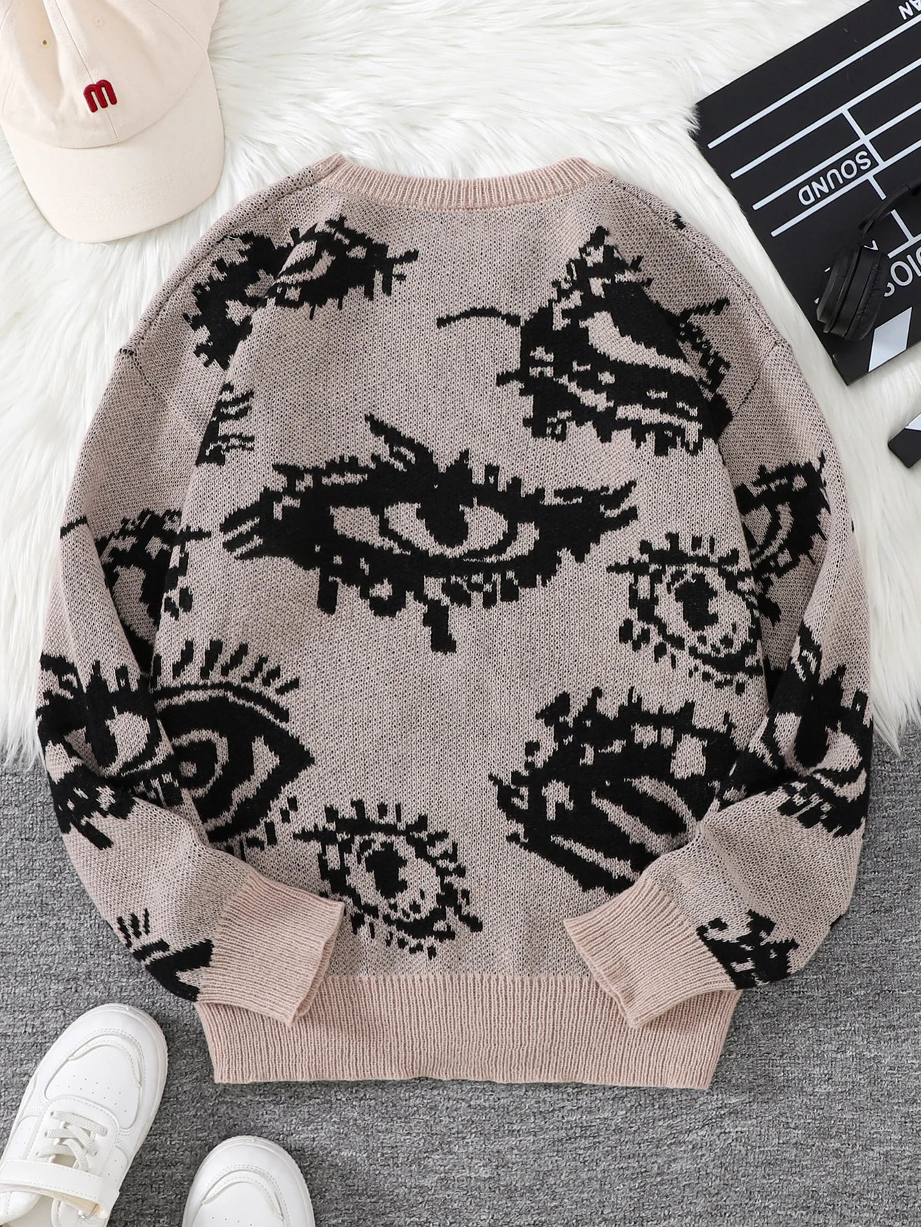 New Popular Autumn and Winter Abstract Eye Pattern Pullover Sweater Round Neck Knitted Men's Pullover