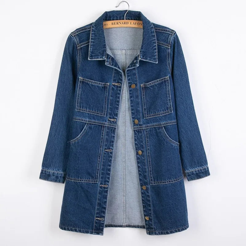 Women Denim Jacket Long Sleeve Pockets Mid-Length Jean Coat 2024 Fashion