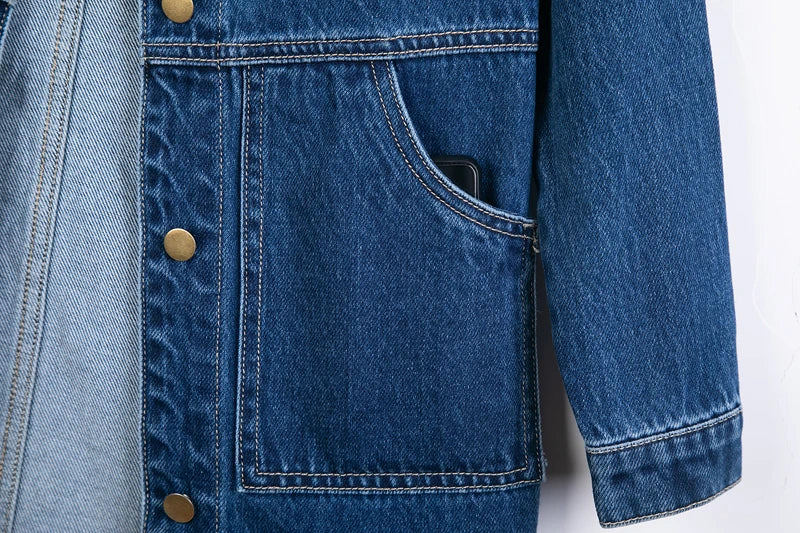 Women Denim Jacket Long Sleeve Pockets Mid-Length Jean Coat 2024 Fashion