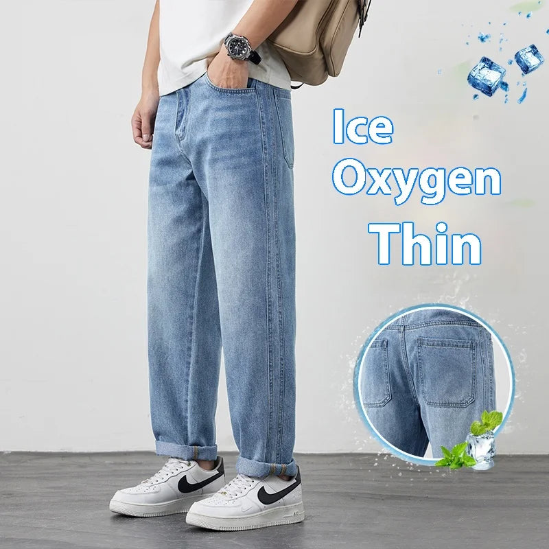 Tencel jeans men's 2025 new trendy brand summer thin loose straight slightly tapered casual jeans
