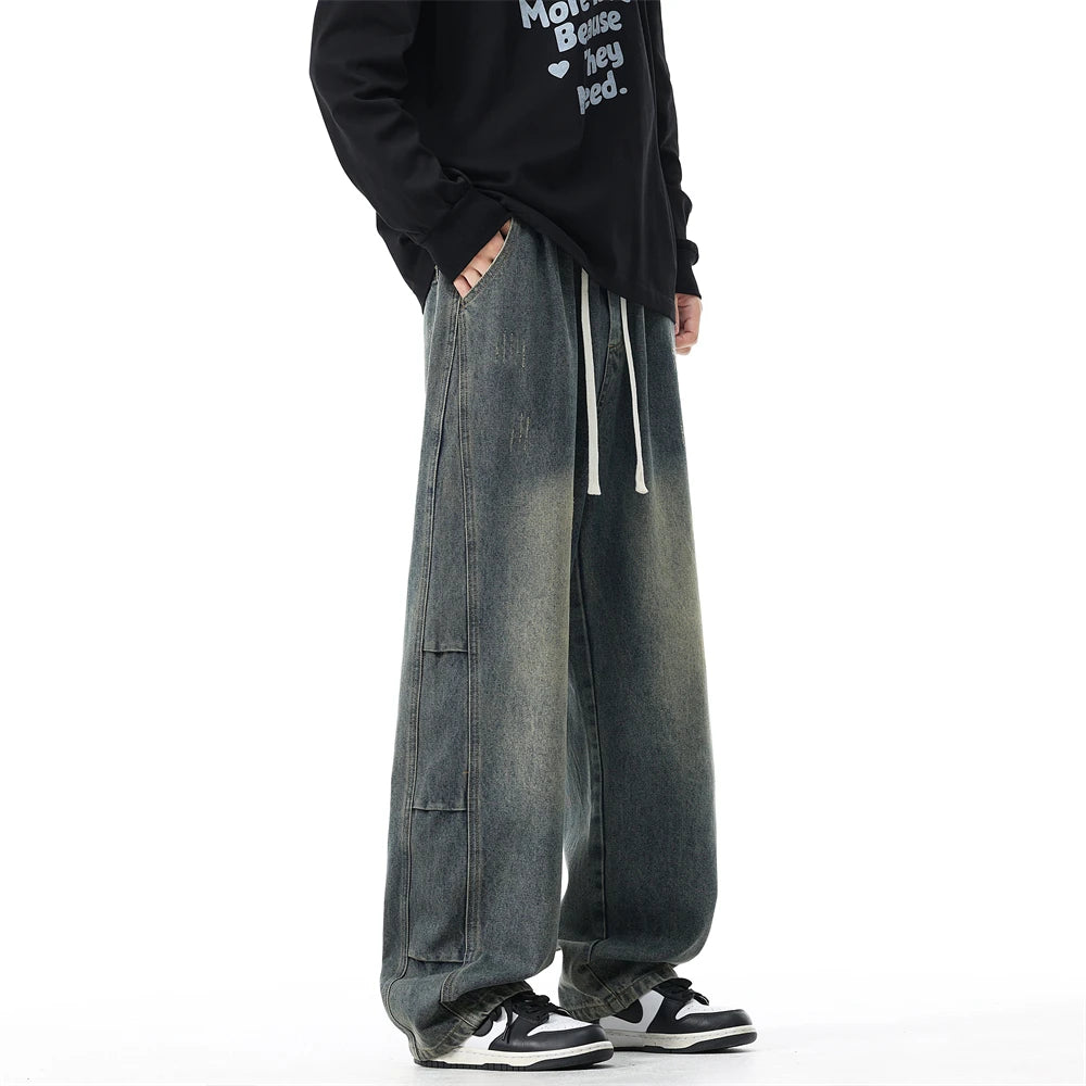 190cm Tall Straight-leg Pants Men's Extra-long Wide Legs Autumn Winter American Style Vintage Wash Water Tall Jeans