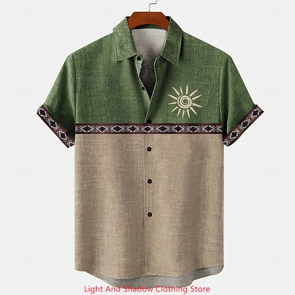 Men's linen shirt summer short sleeved patchwork pattern printed short sleeved top button up ethnic clothing