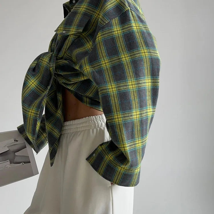 New Vintage Women Oversized Long Sleeve Plaid Shirt Blouse Tops Button Down Loose Pocket Shirt
