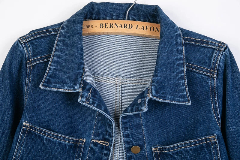 Women Denim Jacket Long Sleeve Pockets Mid-Length Jean Coat 2024 Fashion