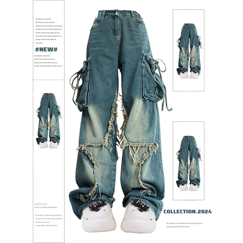 Women Blue Cargo Jeans Baggy Vintage 90s Aesthetic High Waist  Harajuku Denim Trousers