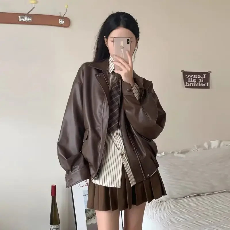 womens Brown Turndown Collar Zipper Leather Jacket Coat American Vintage Motorcycle Clothing