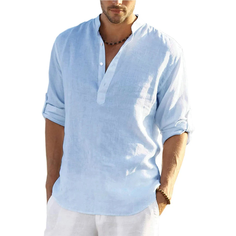 Casual Cotton Linen Shirt Loose Long Sleeve pullover shirt for men