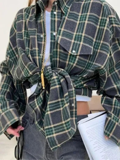 New Vintage Women Oversized Long Sleeve Plaid Shirt Blouse Tops Button Down Loose Pocket Shirt