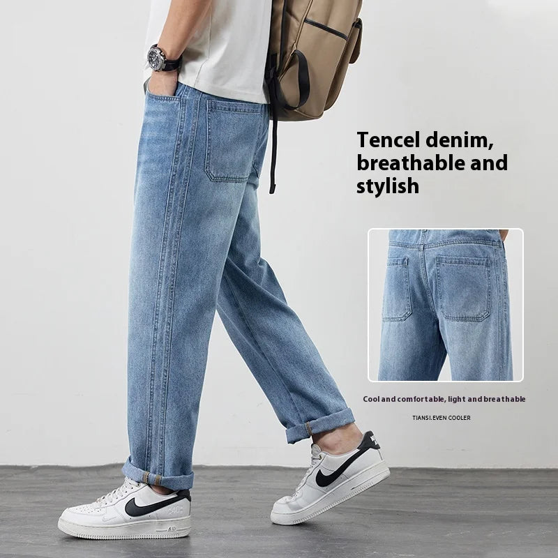 Tencel jeans men's 2025 new trendy brand summer thin loose straight slightly tapered casual jeans