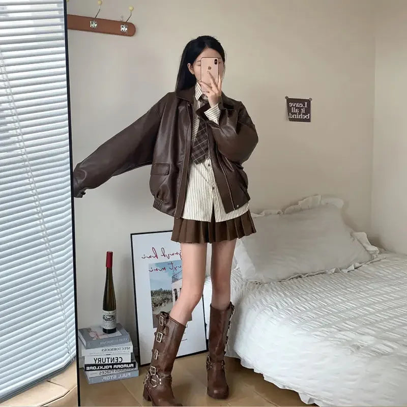 womens Brown Turndown Collar Zipper Leather Jacket Coat American Vintage Motorcycle Clothing