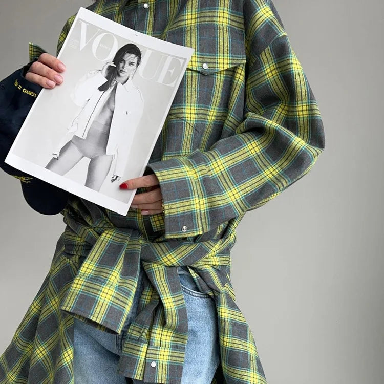 New Vintage Women Oversized Long Sleeve Plaid Shirt Blouse Tops Button Down Loose Pocket Shirt