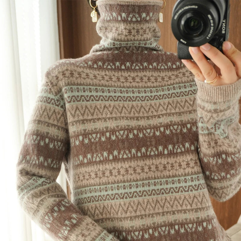 Autumn and Winter Wool Cashmere Sweater Women's High Neck Pullover Casual Knitted Loose Korean Fashion Top