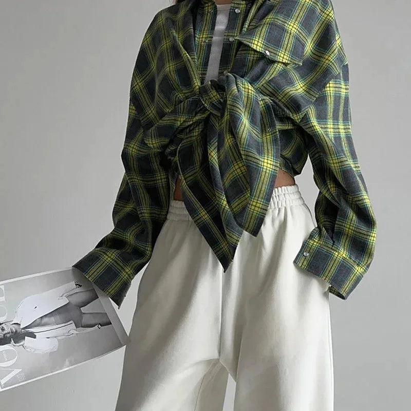 New Vintage Women Oversized Long Sleeve Plaid Shirt Blouse Tops Button Down Loose Pocket Shirt