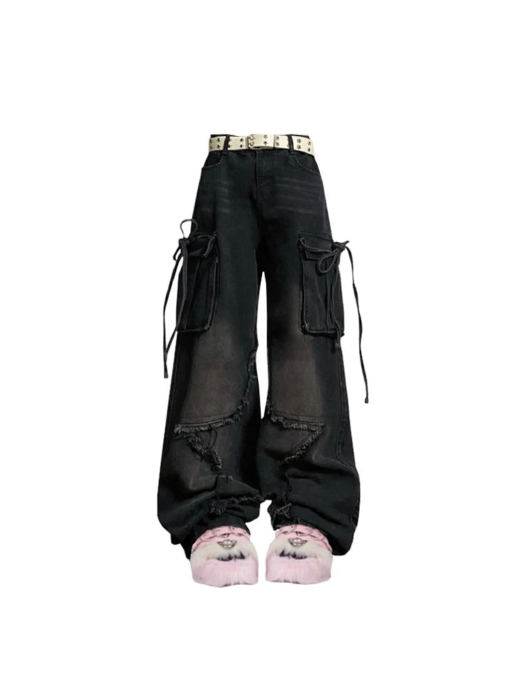 Women Blue Cargo Jeans Baggy Vintage 90s Aesthetic High Waist  Harajuku Denim Trousers