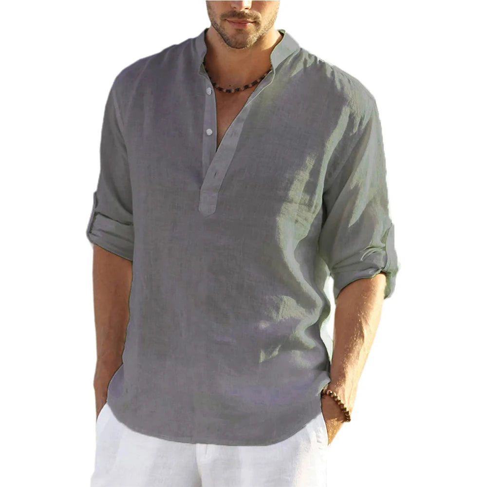 Casual Cotton Linen Shirt Loose Long Sleeve pullover shirt for men