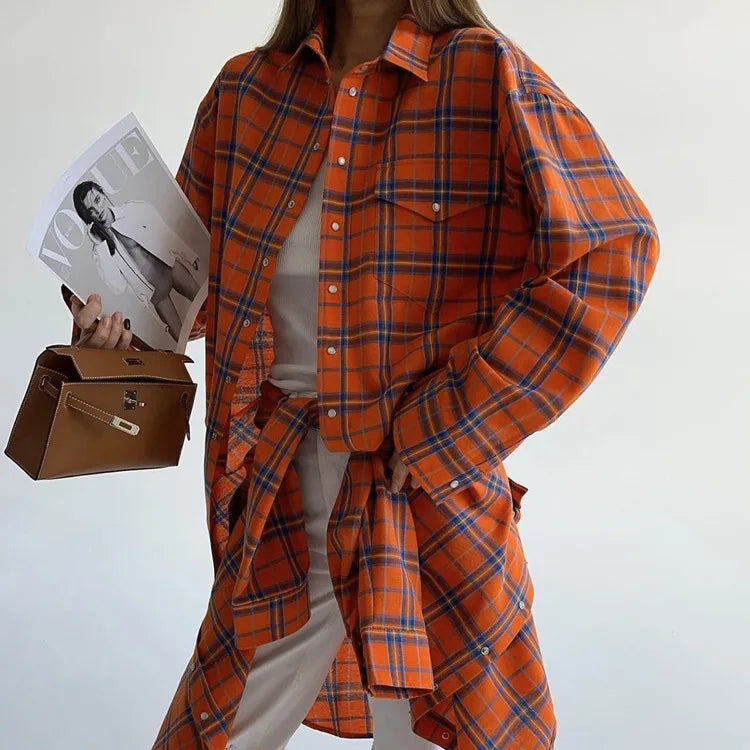 New Vintage Women Oversized Long Sleeve Plaid Shirt Blouse Tops Button Down Loose Pocket Shirt