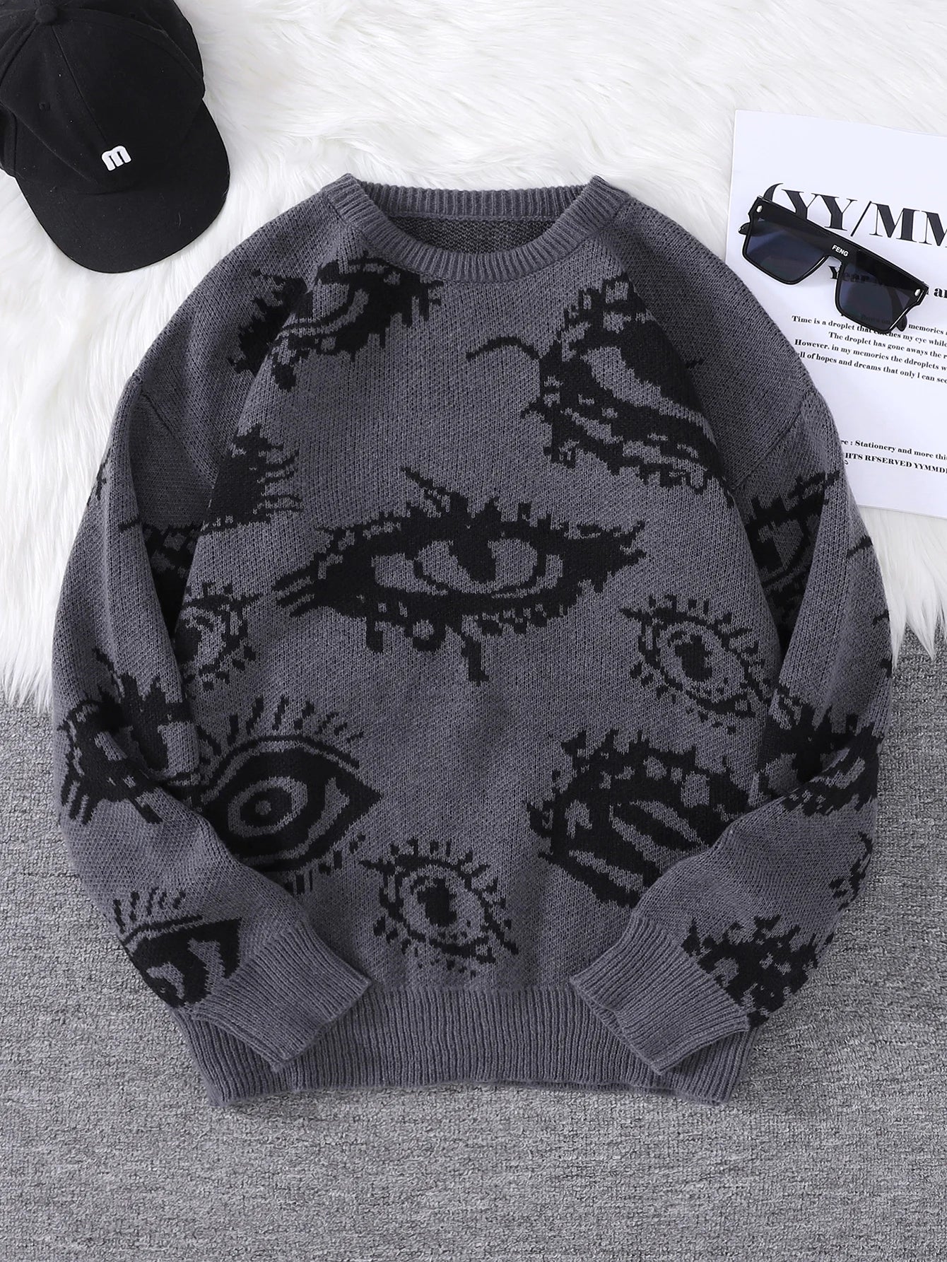 New Popular Autumn and Winter Abstract Eye Pattern Pullover Sweater Round Neck Knitted Men's Pullover